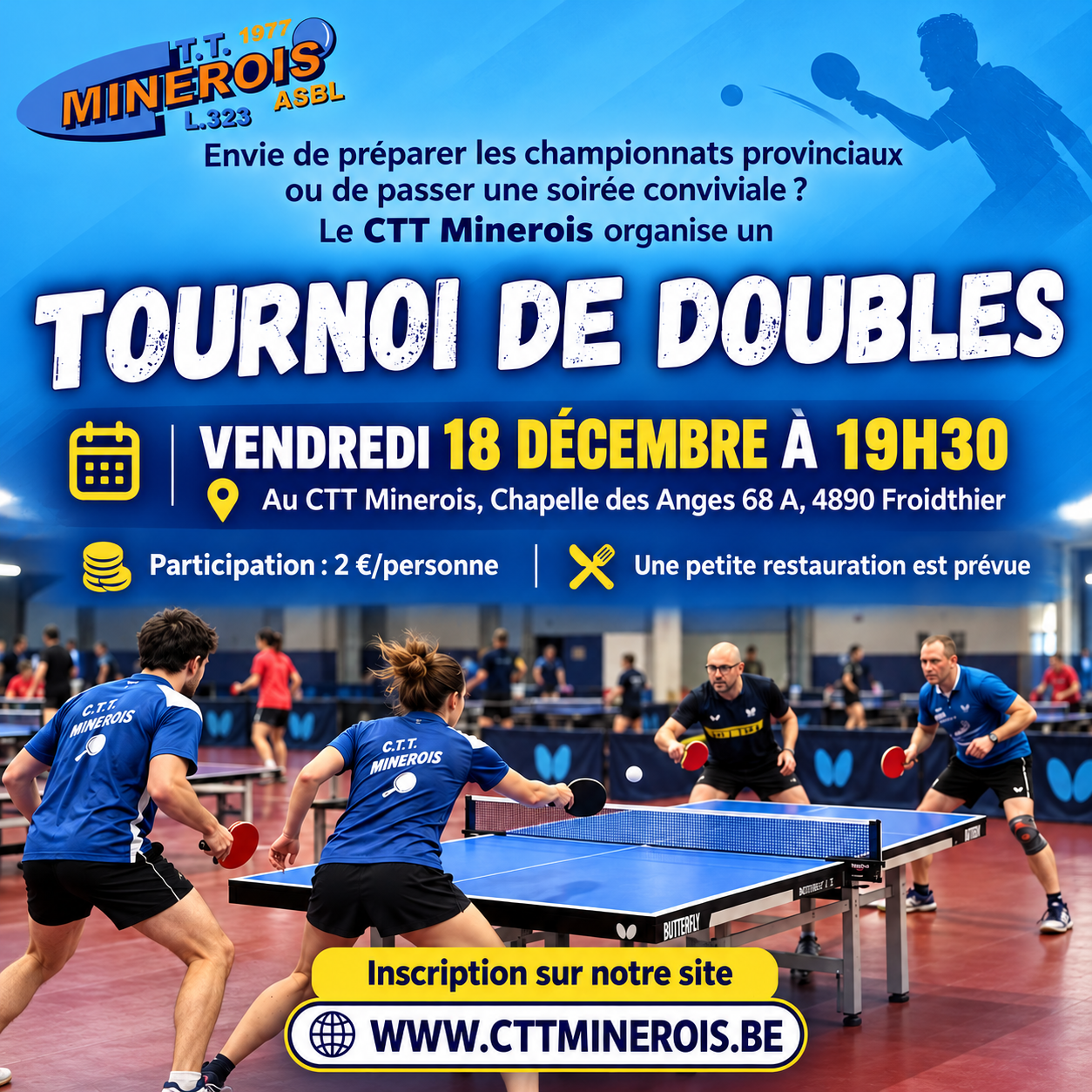 Affiche du tournoi de doubles du CTT Minerois, vendredi 18 décembre 2026 à 19h30